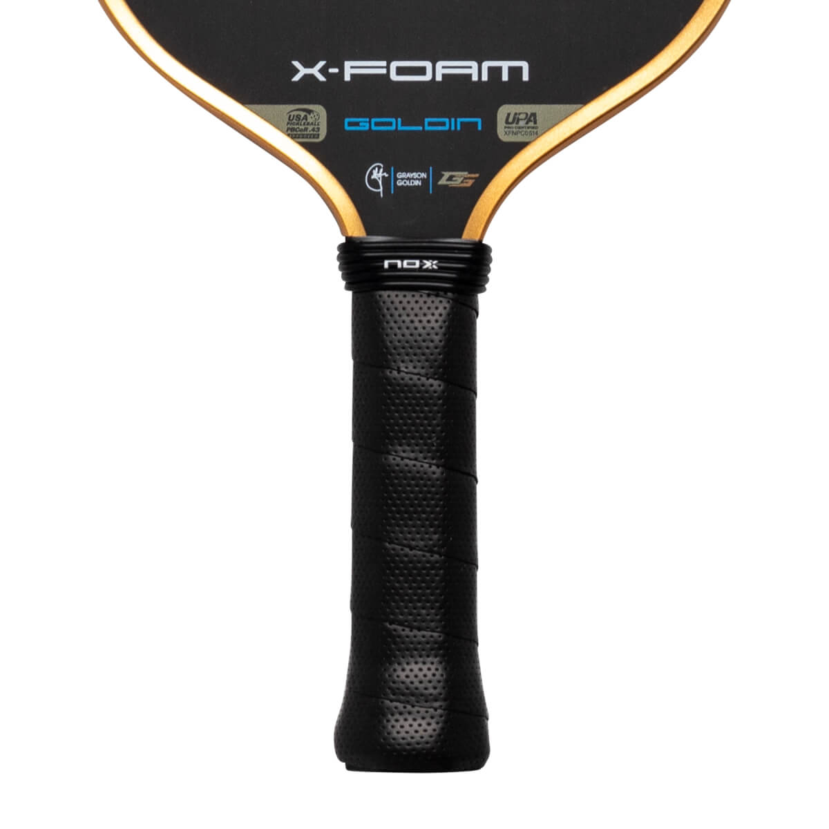 Close-up of the lower paddle face and handle, featuring the X-FOAM, GOLDIN, and NOX logos with a gold-trimmed edge and a black textured grip.