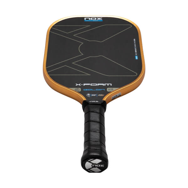 Front view of the Nox X-Foam Goldin paddle featuring a black face with a gold frame, large "X-FOAM" and "GOLDIN" text, and a perforated black grip.