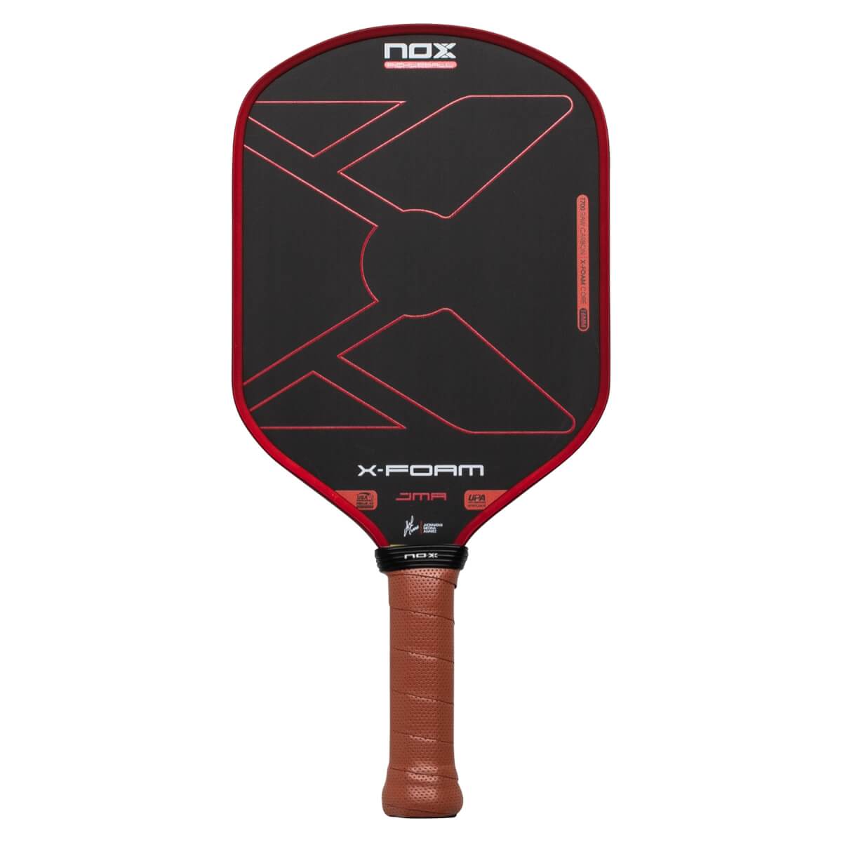 Front view of the black paddle featuring red geometric lines, a brown leather grip, and prominent "NOX," "X-FOAM," and "JMA" branding on the face.