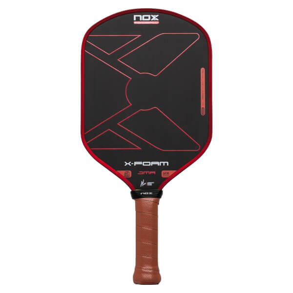 Front view of the black paddle featuring red geometric lines, a brown leather grip, and prominent "NOX," "X-FOAM," and "JMA" branding on the face.
