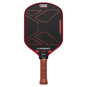 Front view of the black paddle featuring red geometric lines, a brown leather grip, and prominent "NOX," "X-FOAM," and "JMA" branding on the face.