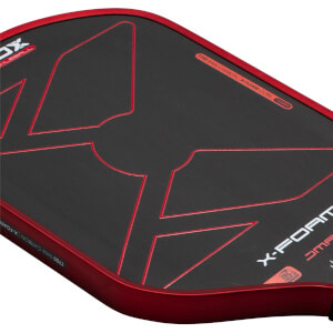Angled close-up of the black carbon fiber face and red metallic rim, featuring red geometric outlines and the words "X-FOAM" and "T700 RAW CARBON".