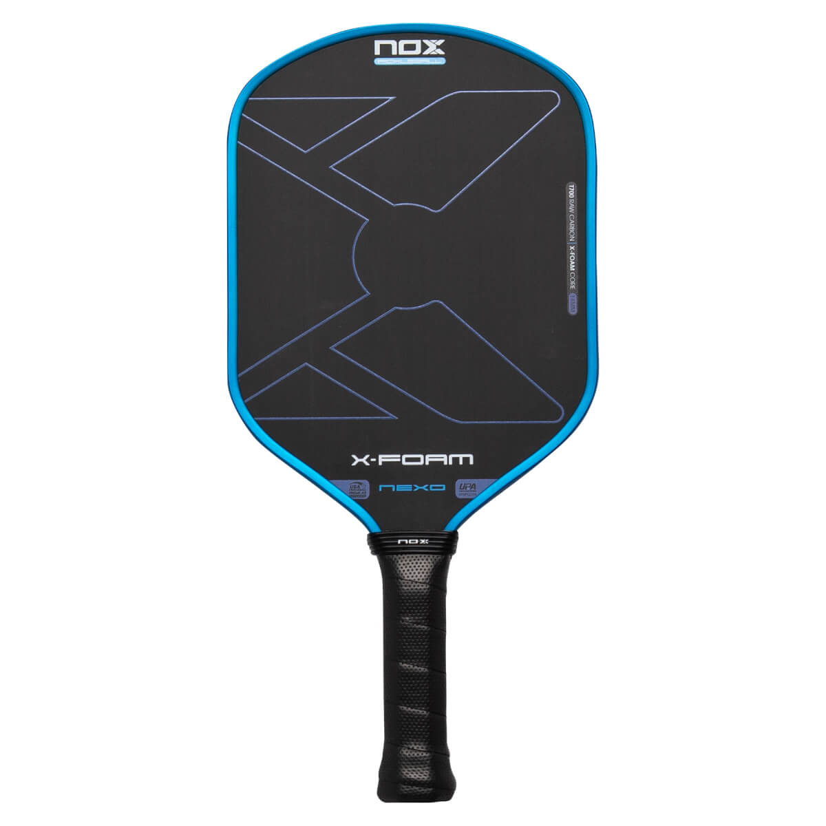Front view of a black Nox Nexo paddle with a blue border, a large blue X graphic, and the words NOX, X-FOAM, and NEXO displayed on the face.