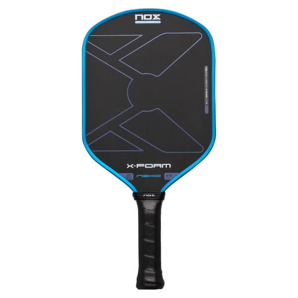 Front view of a black Nox Nexo paddle with a blue border, a large blue X graphic, and the words NOX, X-FOAM, and NEXO displayed on the face.