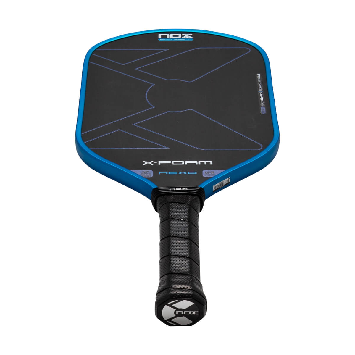Front view of a blue-rimmed pickleball paddle featuring a black face with a large X design, a black perforated grip, and the words NOX, X-FOAM, and NEXO.
