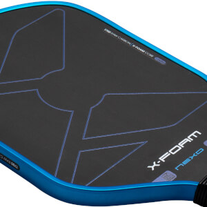 Close-up angled view of the paddle head showing its metallic blue rim, black textured face with blue geometric lines, and the words X-FOAM and NEXO.