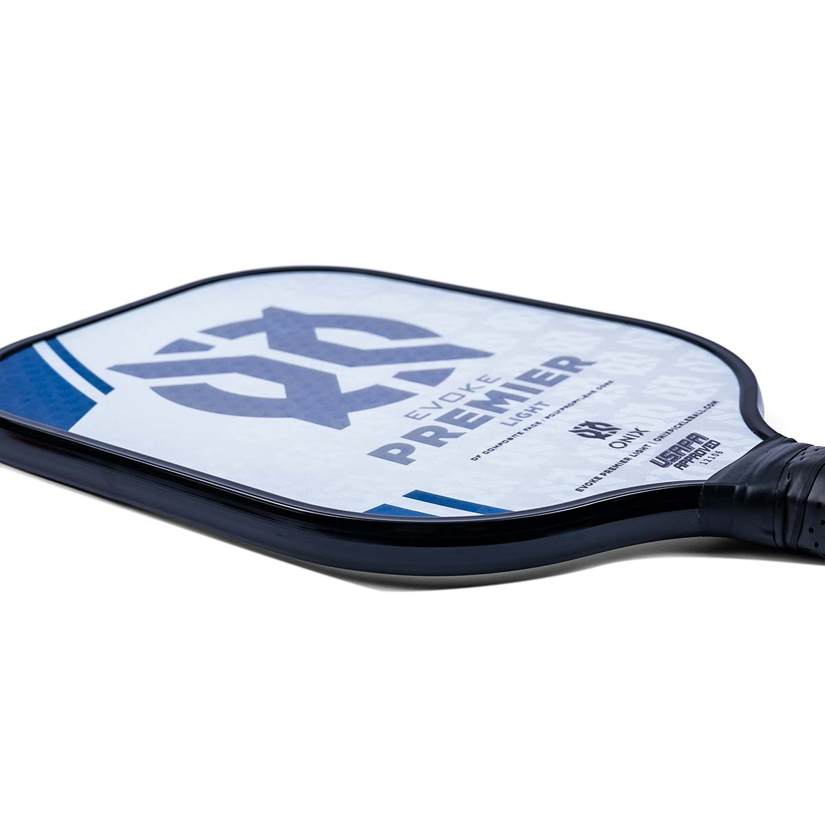 Side view of a white pickleball paddle with blue accents, EVOKE PREMIER LIGHT text, and a large blue logo.