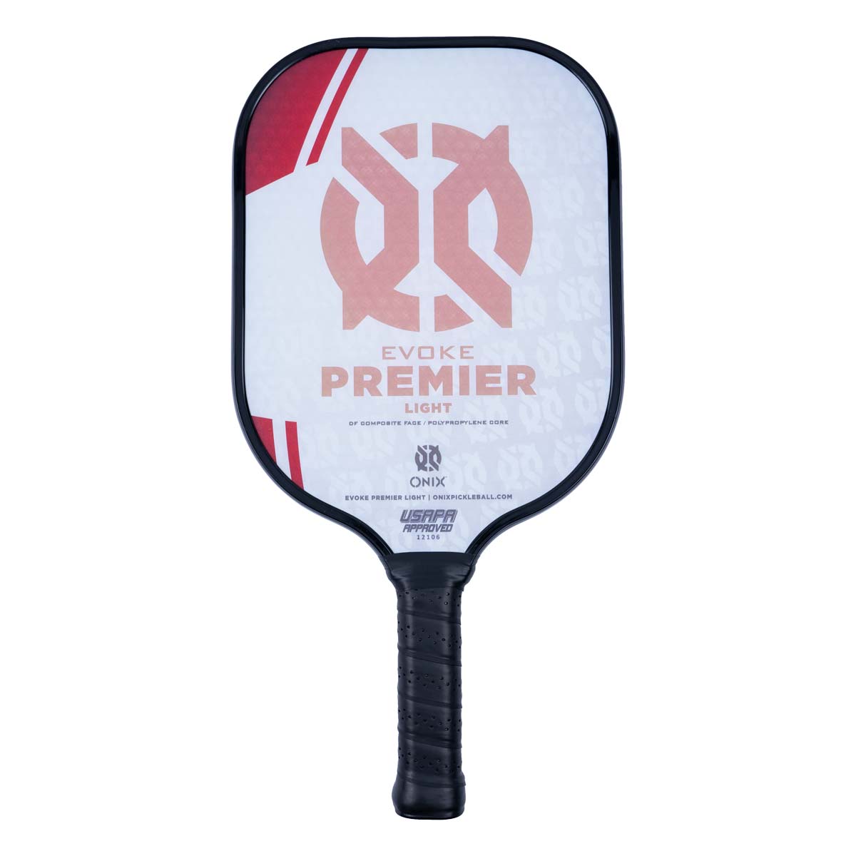 Front view of a white pickleball paddle with red accents, EVOKE PREMIER LIGHT text, and USAPA Approved stamp.