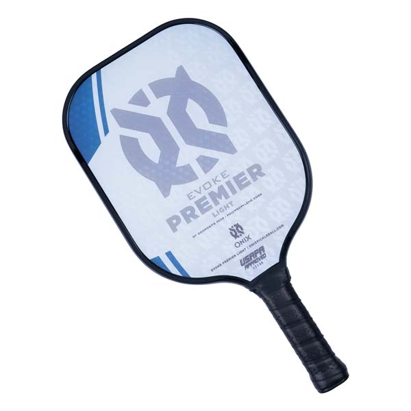 Top-down view of a white pickleball paddle with blue accents, EVOKE PREMIER LIGHT text, and a black grip.