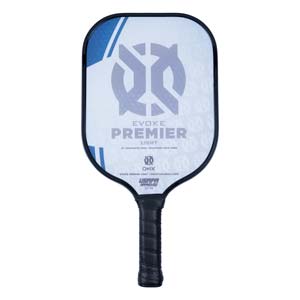 Front view of a white pickleball paddle with blue accents, EVOKE PREMIER LIGHT text, and USAPA approved logo.