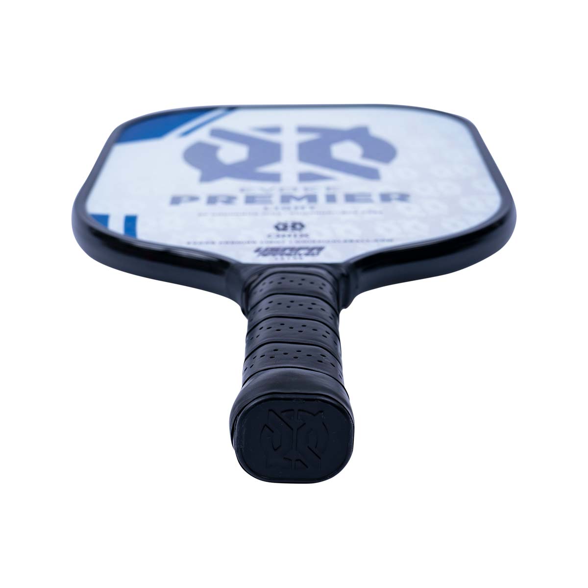 Top-down view of a white pickleball paddle with blue graphics, PREMIER text, and a black grip.
