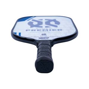 Top-down view of a white pickleball paddle with blue graphics, PREMIER text, and a black grip.