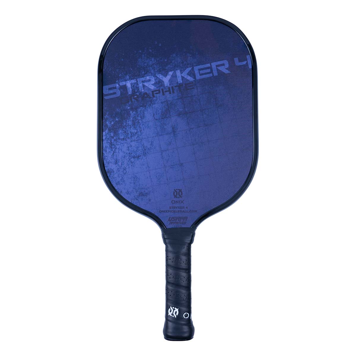 Front view of a blue pickleball paddle with STRYKER 4 GRAPHITE text and a textured surface.