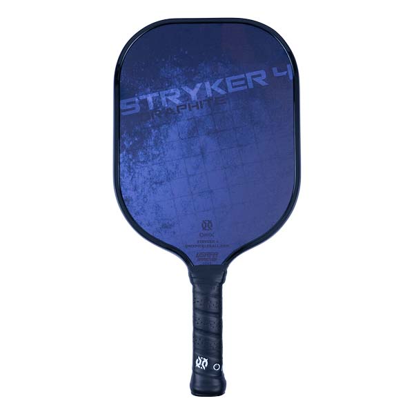 Front view of a blue pickleball paddle with STRYKER 4 GRAPHITE text and a textured surface.