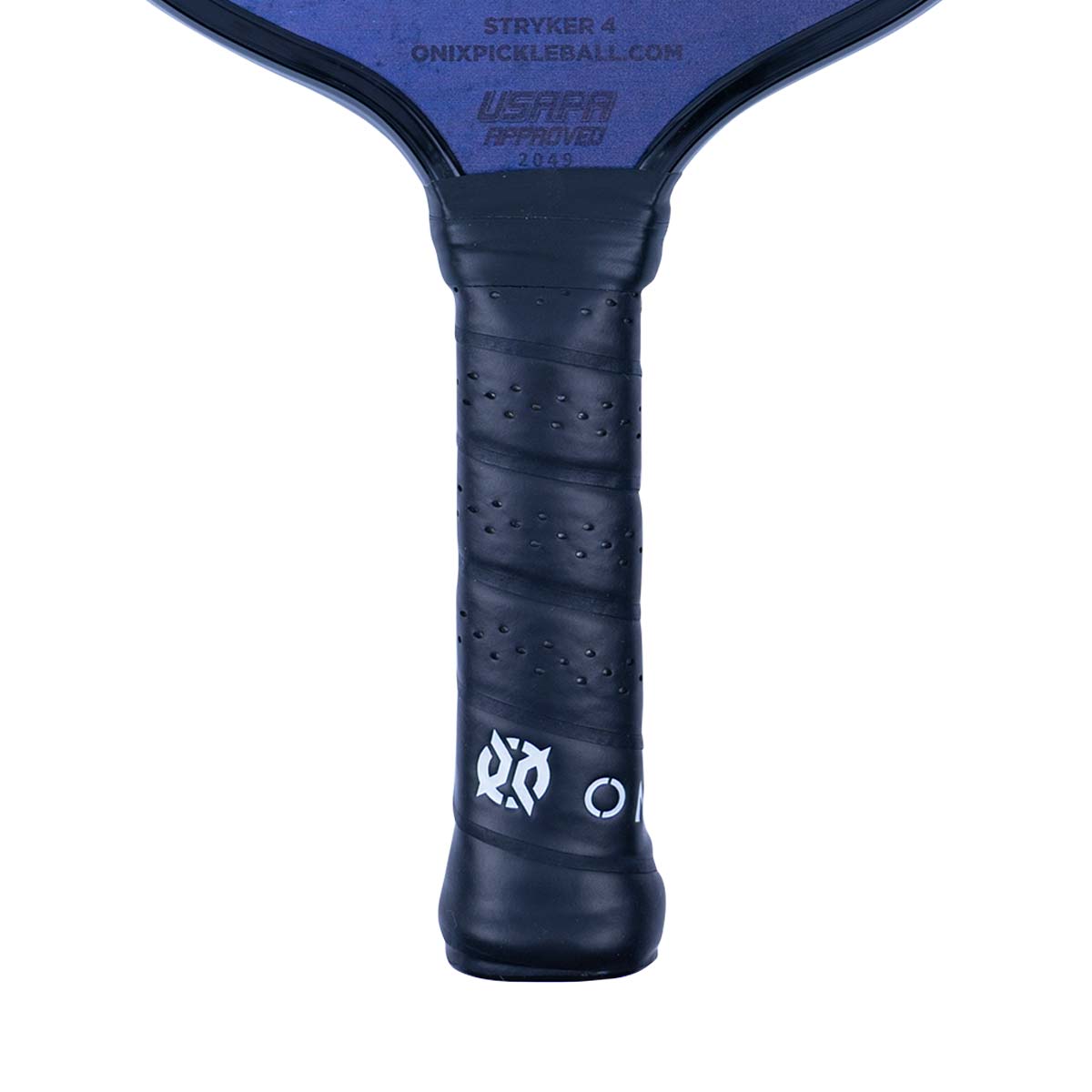 Close-up of a dark blue pickleball paddle grip with textured perforations and ONIX logo.