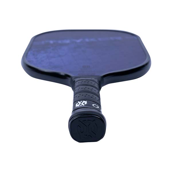 Top-down view of a dark blue pickleball paddle with a black grip and white logo.