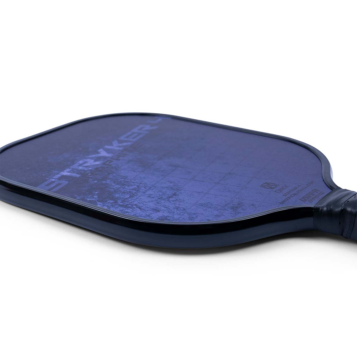 Side view of a blue pickleball paddle with STRYKER text and a grid pattern.