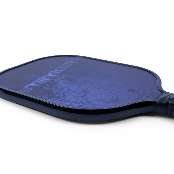 Side view of a blue pickleball paddle with STRYKER text and a grid pattern.