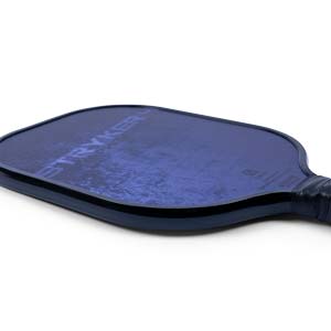 Side view of a blue pickleball paddle with STRYKER text and a grid pattern.