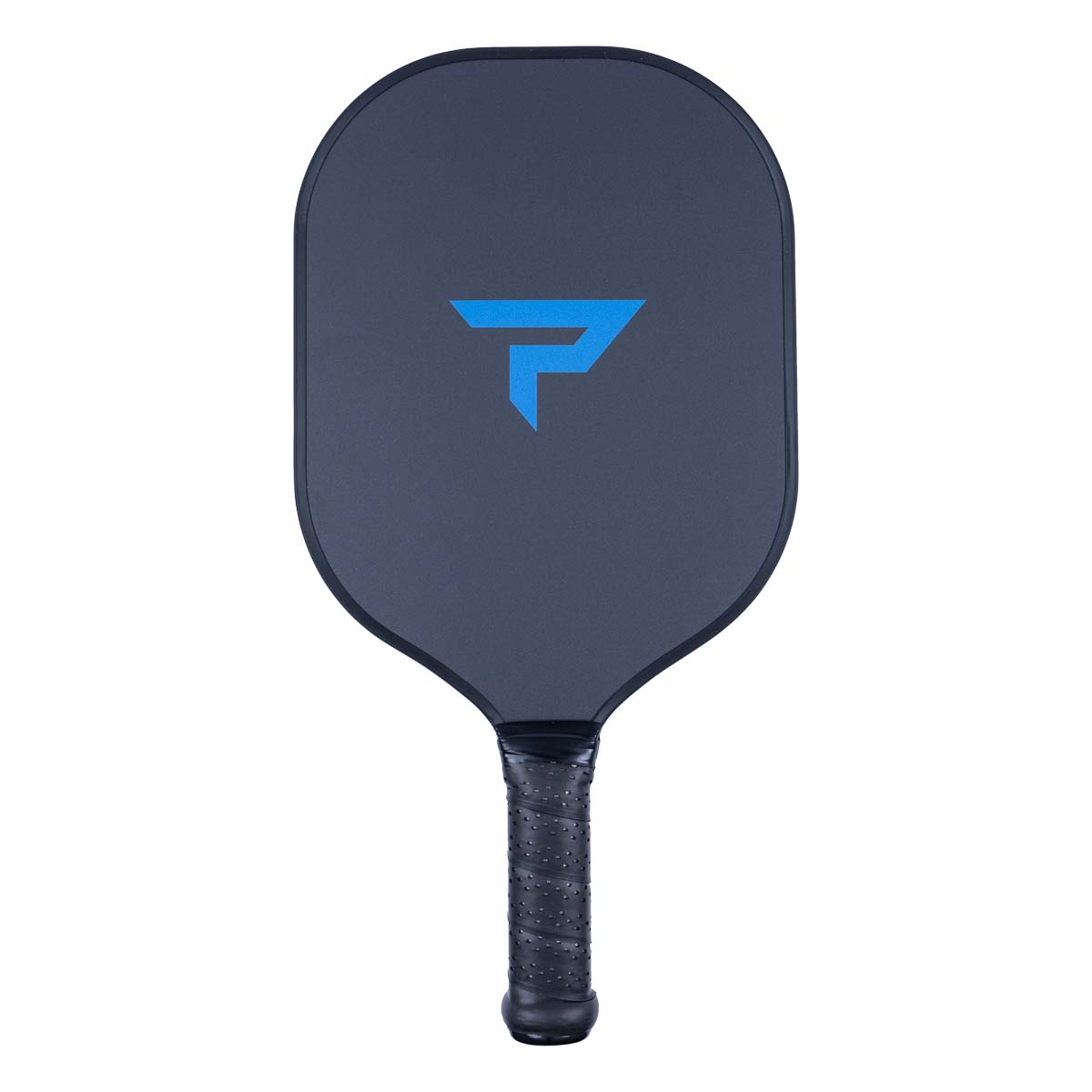 Front view of a dark gray pickleball paddle with a blue P logo and a textured black grip.