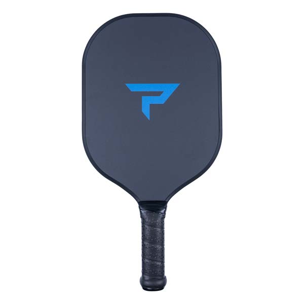 Front view of a dark gray pickleball paddle with a blue P logo and a textured black grip.