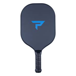 Front view of a dark gray pickleball paddle with a blue P logo and a textured black grip.