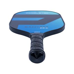 Top-down view of a blue and black pickleball paddle with BANTAM EX-L text and a perforated grip.