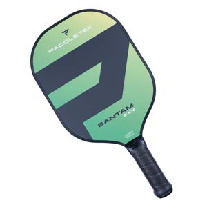 Top-down view of a green and navy pickleball paddle with PADDLETEK and BANTAM EX-L text.