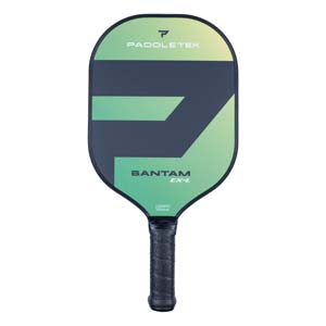 Front view of a green and navy pickleball paddle with PADDLETEK, BANTAM EX-L, and USAPA APPROVED text.