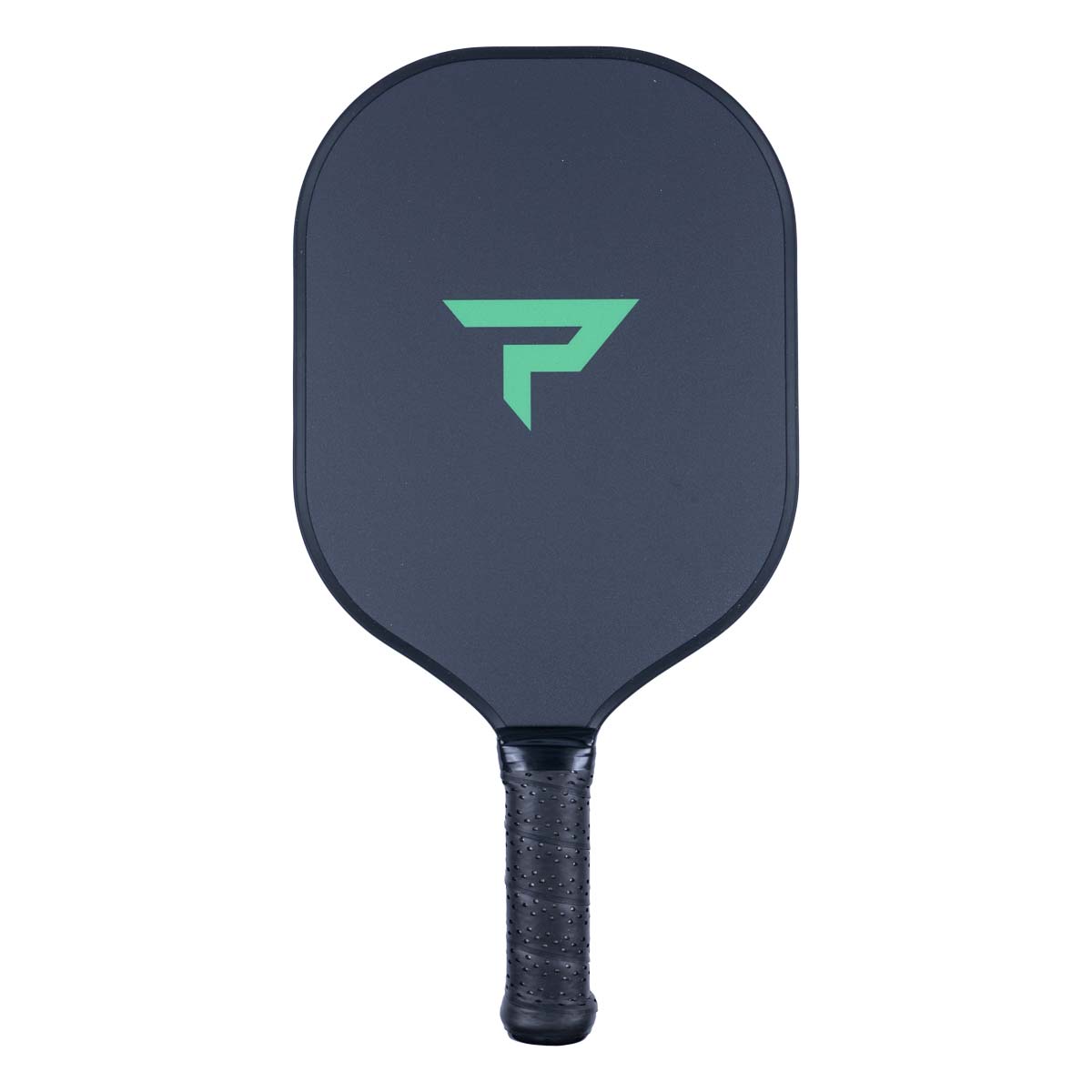 Front view of a dark gray pickleball paddle with a green P logo and black grip.