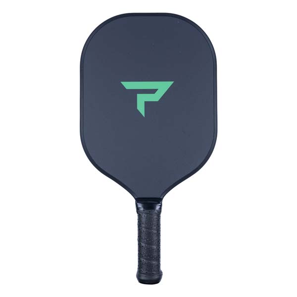 Front view of a dark gray pickleball paddle with a green P logo and black grip.