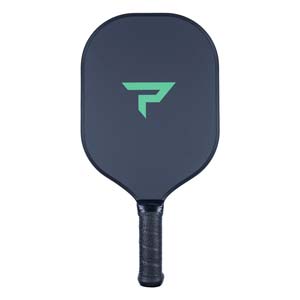 Front view of a dark gray pickleball paddle with a green P logo and black grip.
