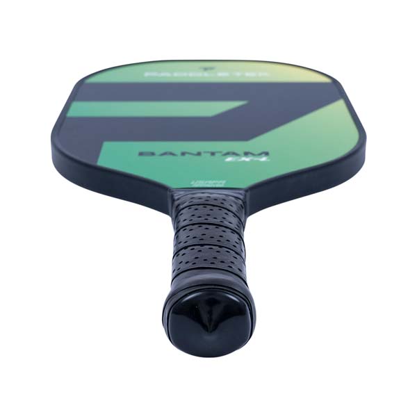 Top-down view of a green and black pickleball paddle with BANTAM EX-L text and a perforated grip.