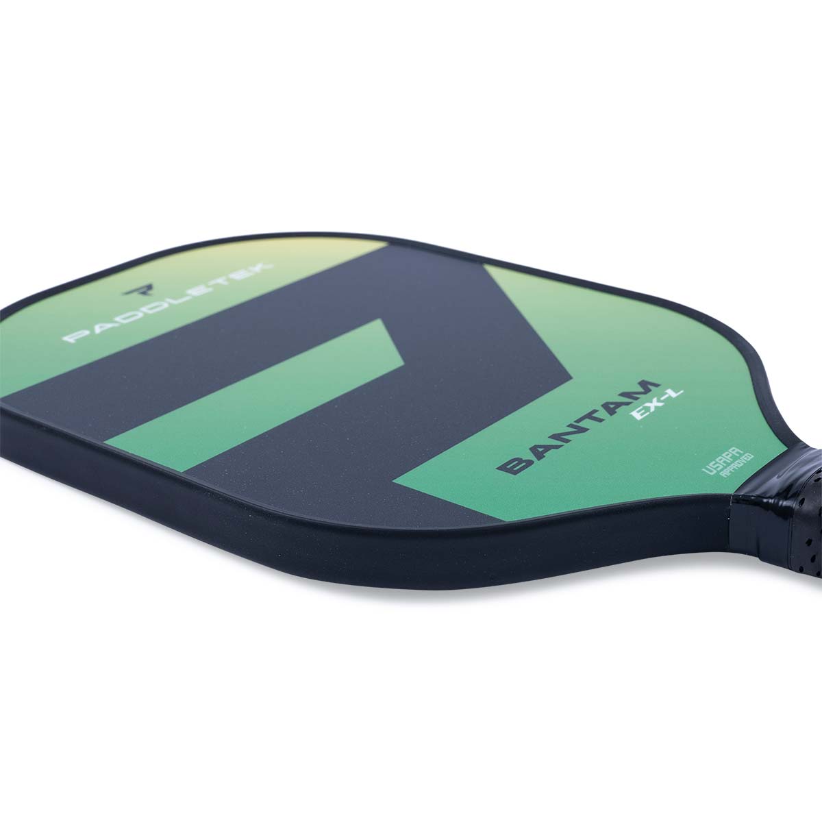 Side view of a black and green pickleball paddle with PADDLETEK, BANTAM EX-L, and USAPA APPROVED text.