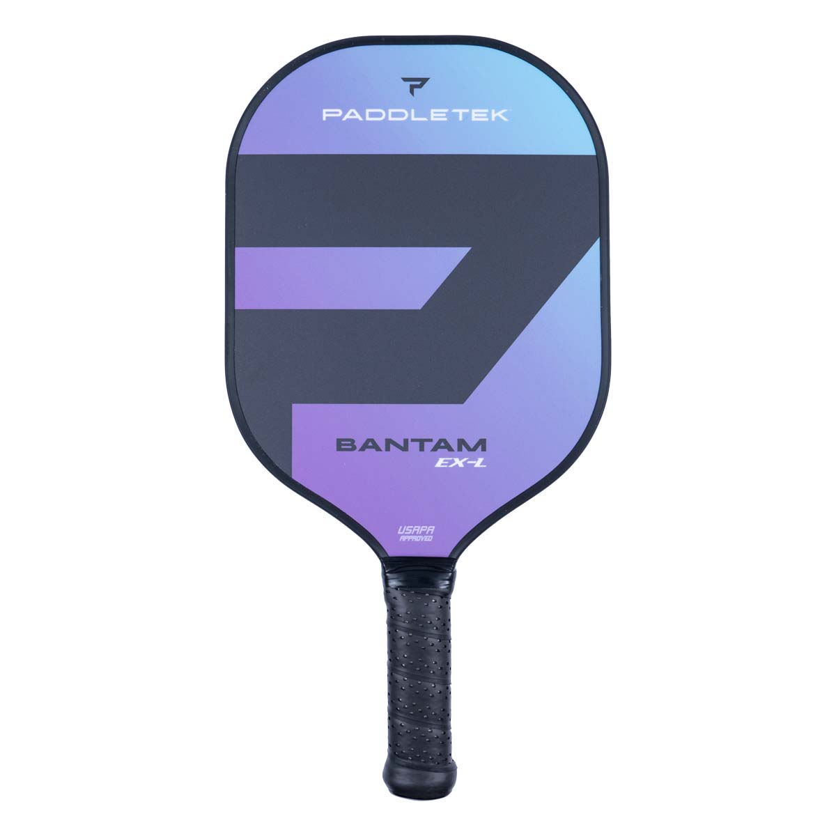 Front view of a purple and blue pickleball paddle with PADDLETEK, BANTAM EX-L, and USAPA APPROVED text.