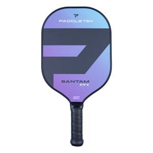 Front view of a purple and blue pickleball paddle with PADDLETEK, BANTAM EX-L, and USAPA APPROVED text.