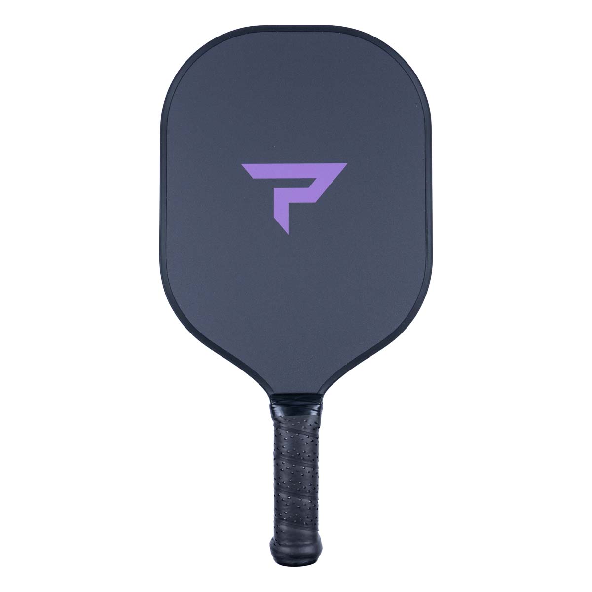Front view of a dark gray pickleball paddle with a purple logo and black grip.