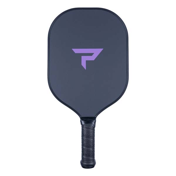 Front view of a dark gray pickleball paddle with a purple logo and black grip.