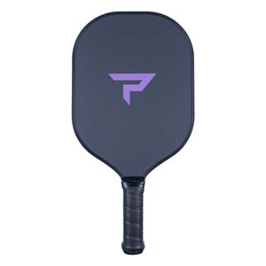 Front view of a dark gray pickleball paddle with a purple logo and black grip.