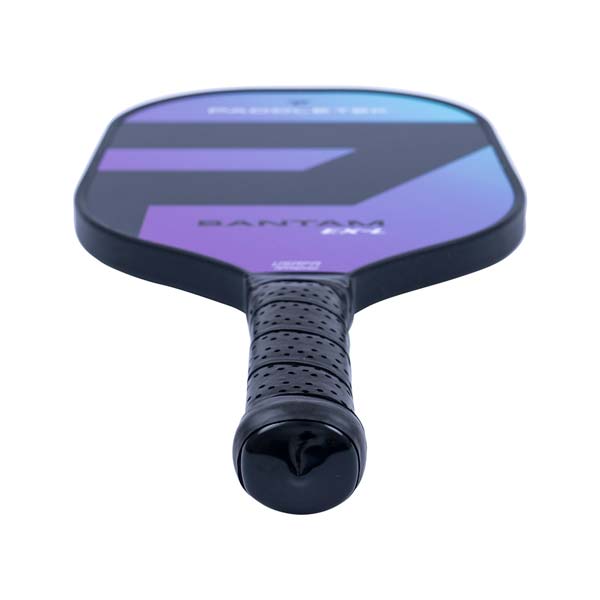 Top-down view of a purple and blue pickleball paddle with a black grip and BANTAM EX-L text.