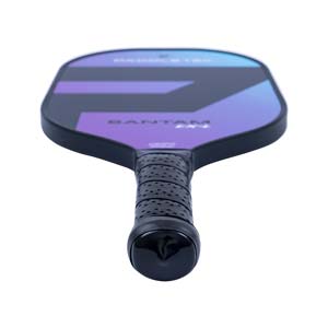 Top-down view of a purple and blue pickleball paddle with a black grip and BANTAM EX-L text.
