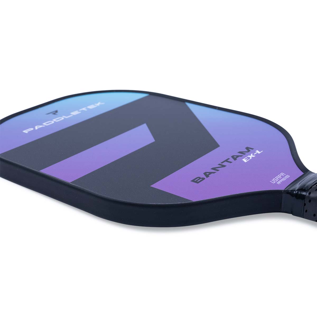 Corner view of a black pickleball paddle with a purple gradient, PADDLETEK text, and BANTAM EX-L branding.