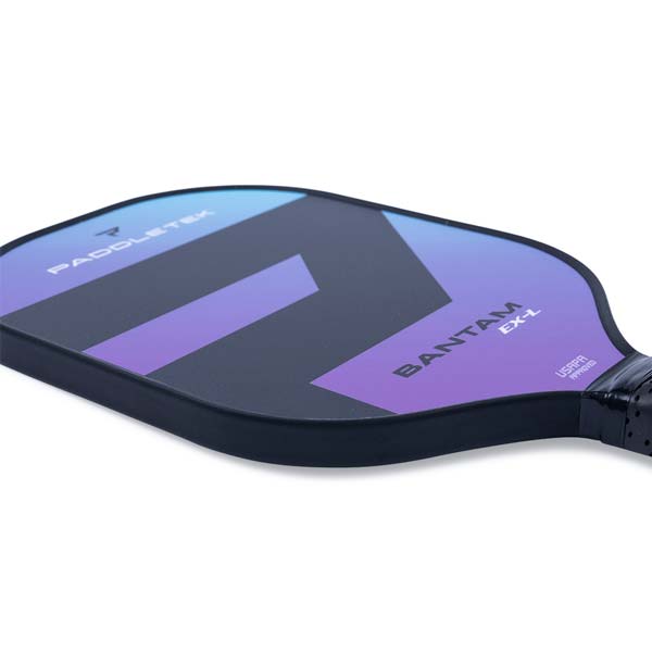 Corner view of a black pickleball paddle with a purple gradient, PADDLETEK text, and BANTAM EX-L branding.