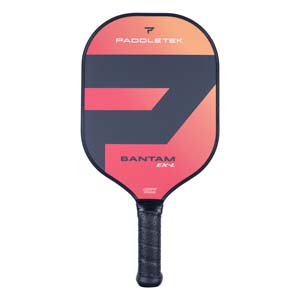 Front view of a black pickleball paddle with orange and pink gradient, PADDLETEK, BANTAM EX-L, and USAPA APPROVED text.