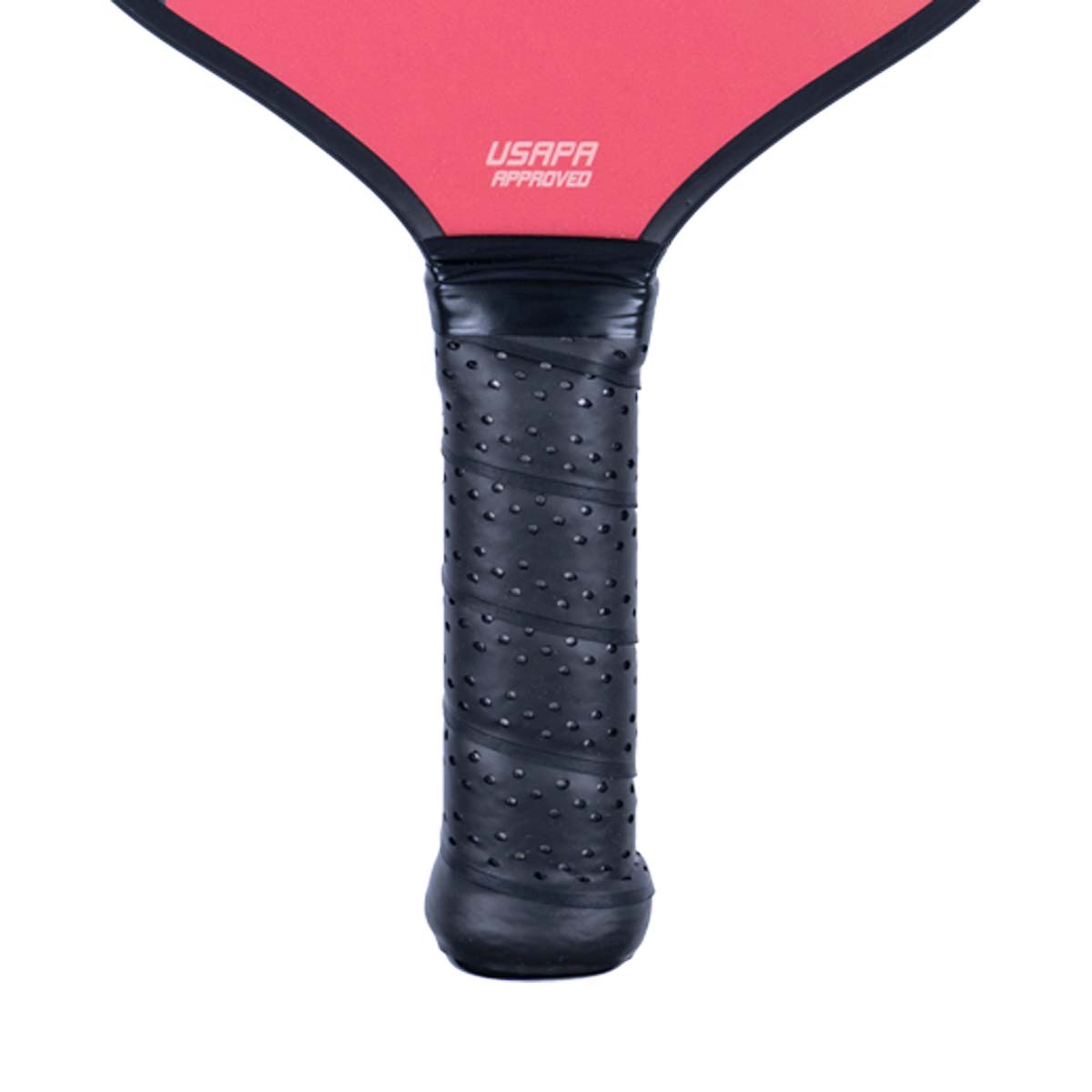 Close-up of a black pickleball paddle grip with a textured surface and USAPA APPROVED text.