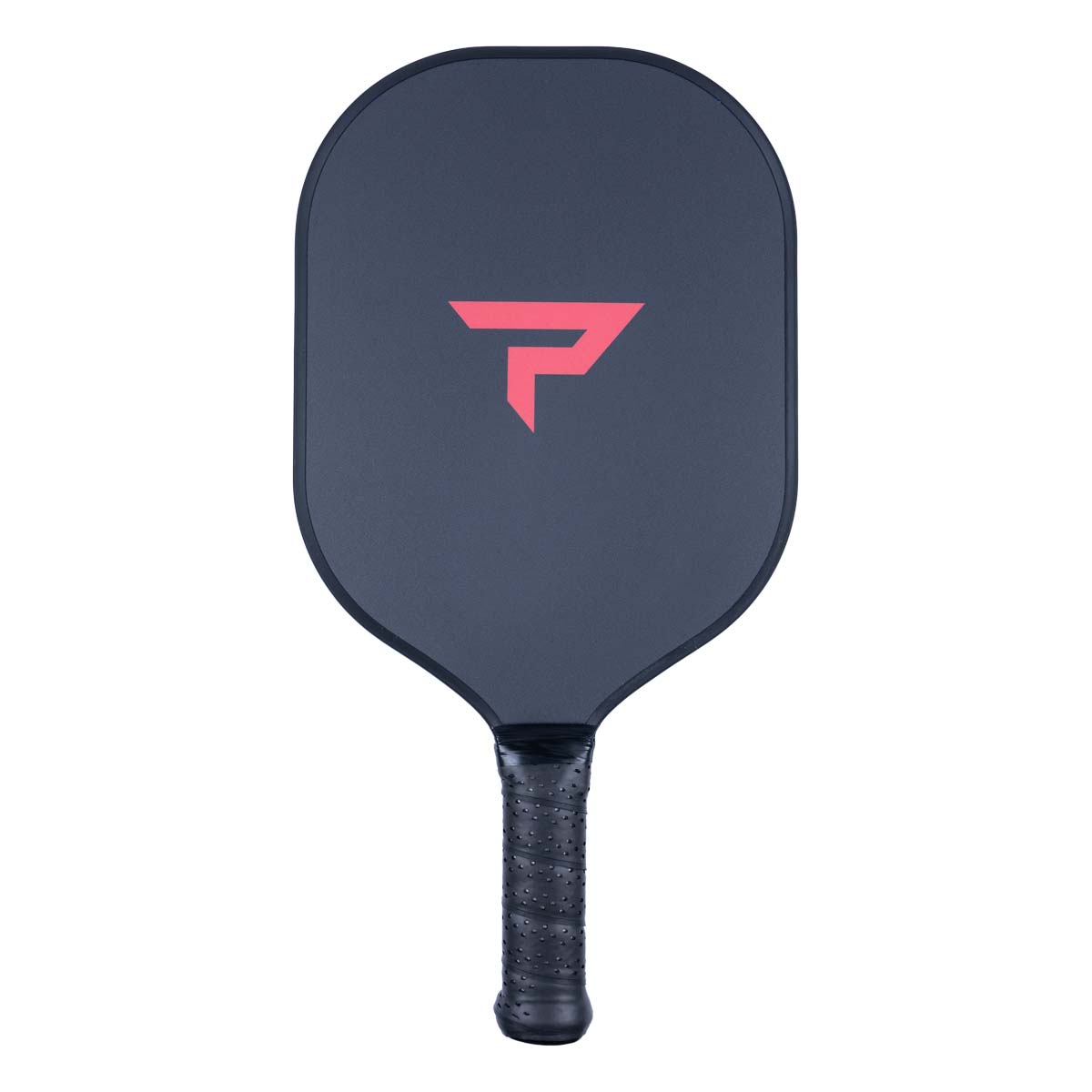 Front view of a dark gray pickleball paddle with a pink geometric logo and textured black grip.