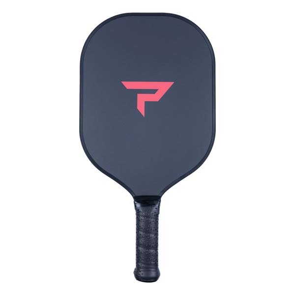 Front view of a dark gray pickleball paddle with a pink geometric logo and textured black grip.