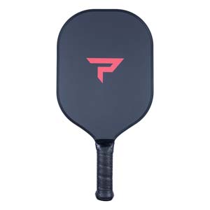 Front view of a dark gray pickleball paddle with a pink geometric logo and textured black grip.