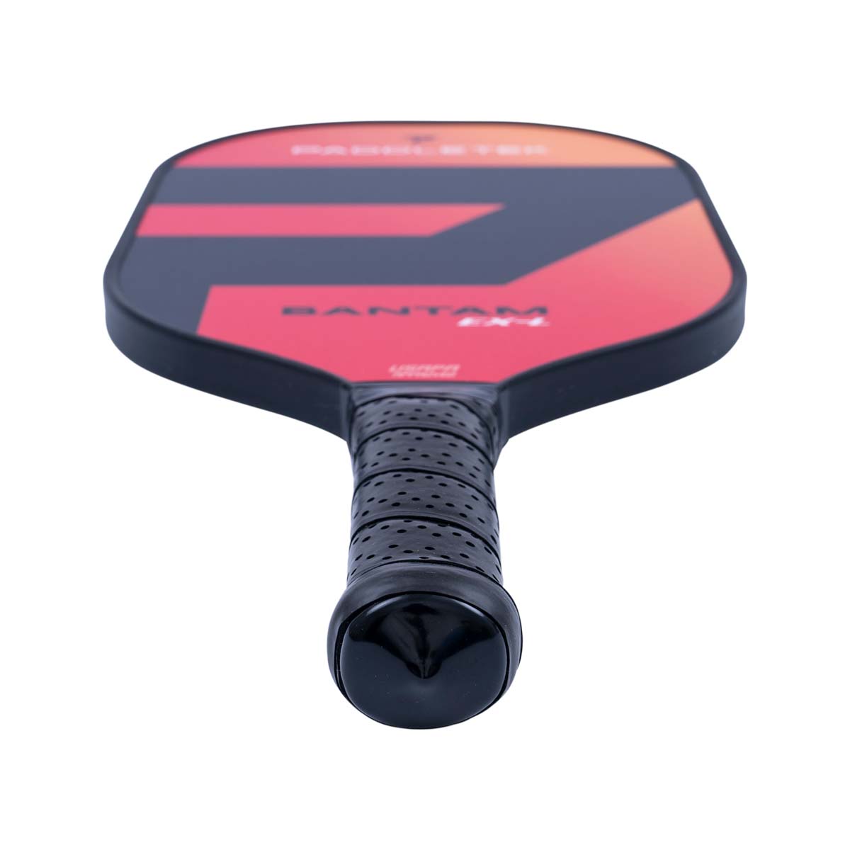 Top-down view of a red and black pickleball paddle with BANTAM EX-L text and a perforated grip.