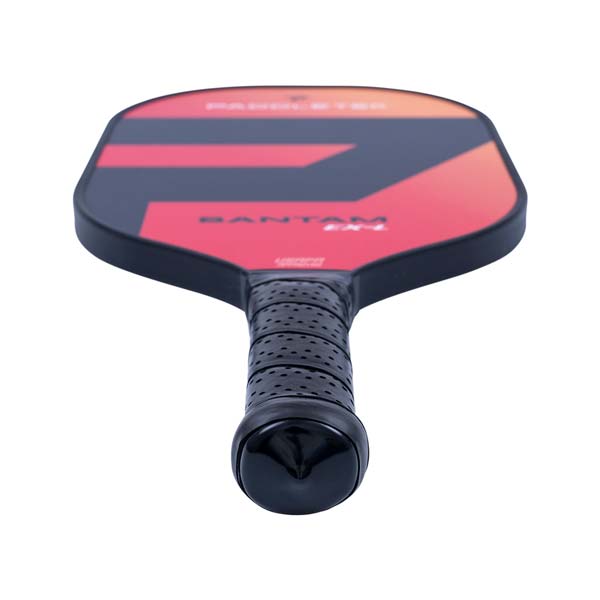 Top-down view of a red and black pickleball paddle with BANTAM EX-L text and a perforated grip.